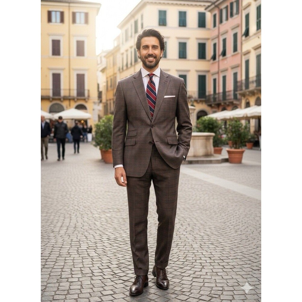 STATEMENT Italy Men Brown Plaid Check Suit Super 150 Handmade Wool 50R 44x26 EUC